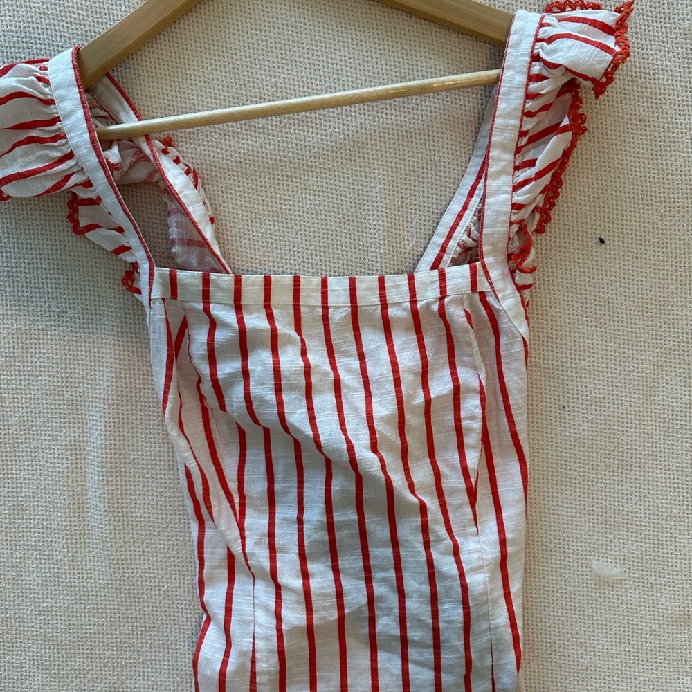 Anthropologie White And Red Striped Ruffle-Sleeve Tank